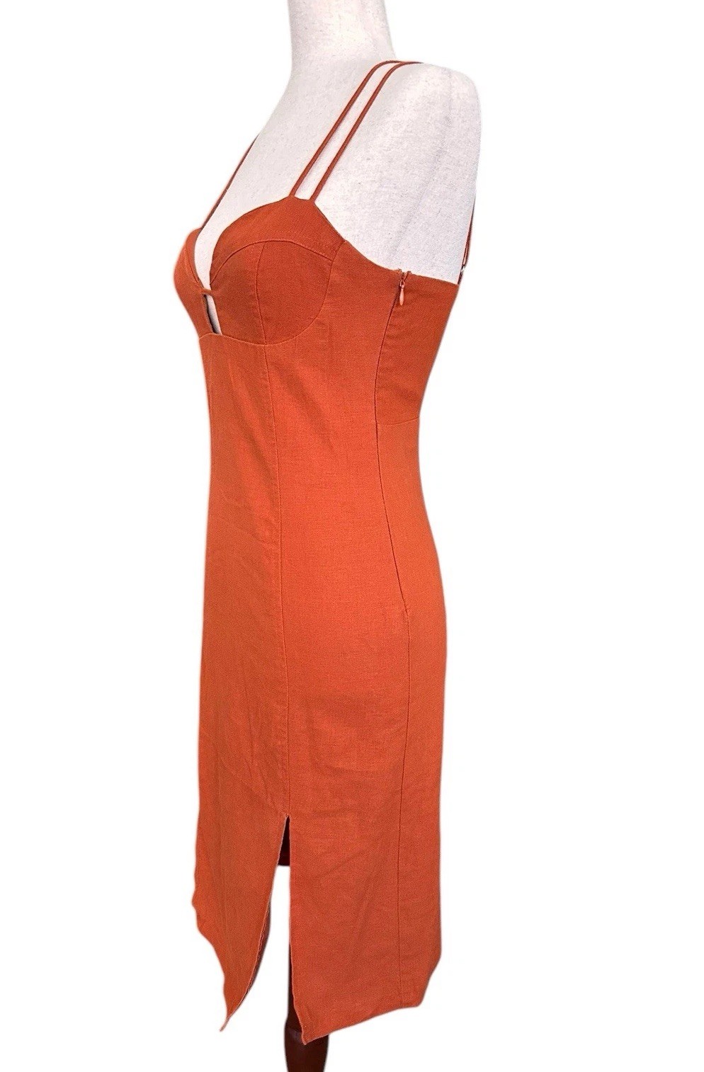 Forever 21 Rust Linen Dress Sleeveless Lined Adjustable Straps Cut Out Sexy SM