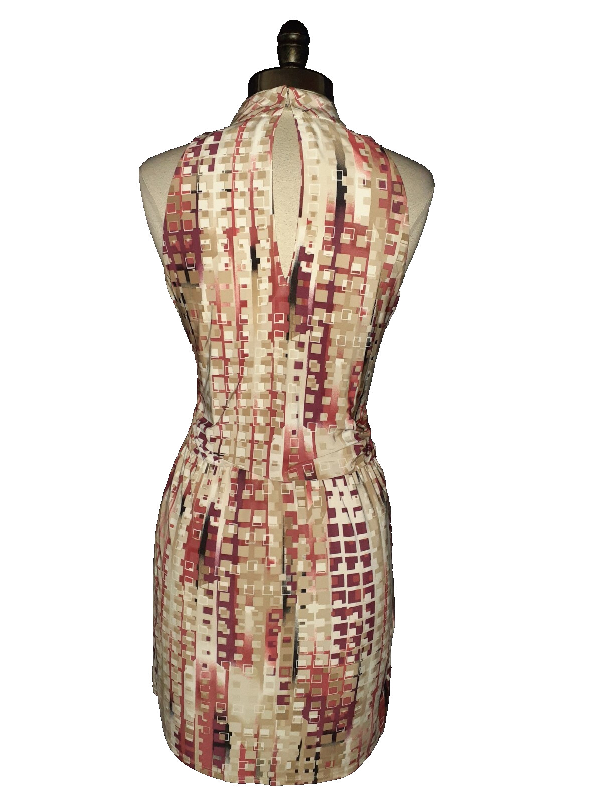 WHITE HOUSE BLACK MARKET Size M Blouson Dress Beige Rust Red Sleeveless Stretch