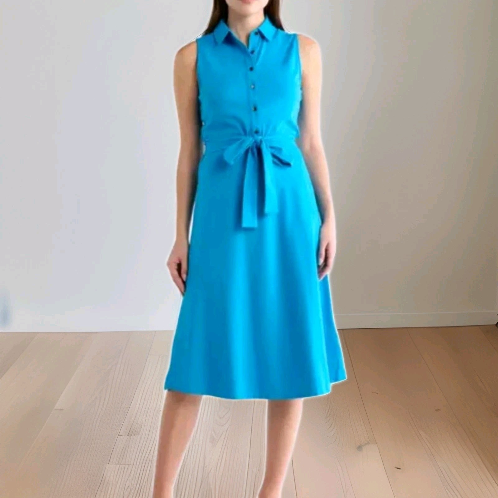 Jaclyn Smith Turquoise Blue Polka Dot Sleeveless Shirtdress Belted Pleated