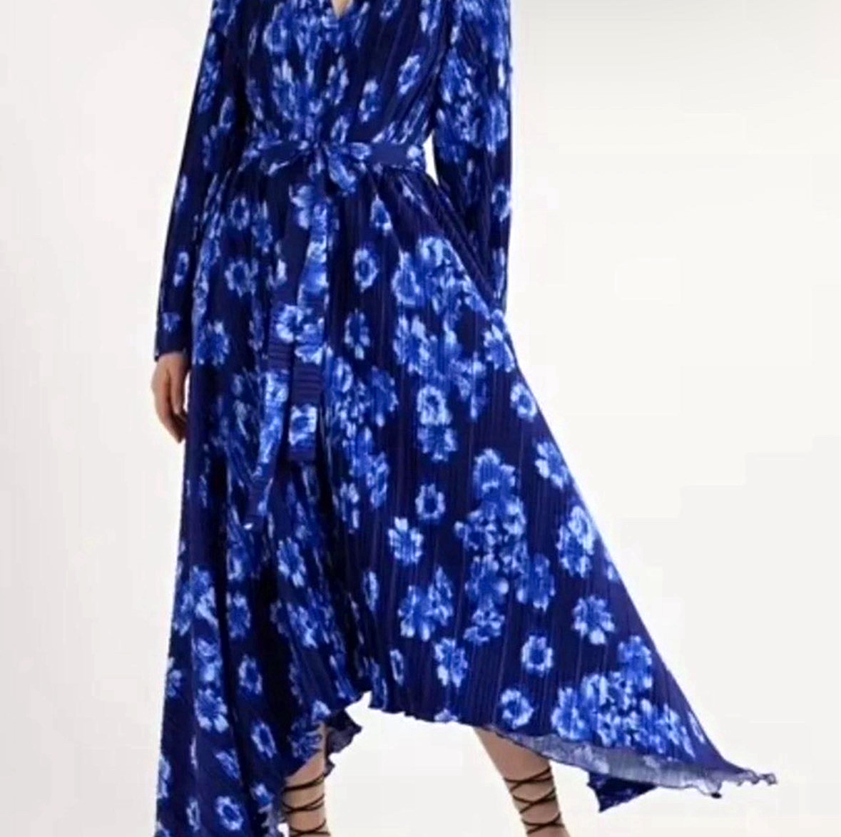 Blue Floral Wrap Pleated Midi Dress V-Neck Long Sleeve Tie Belt Chiffon M