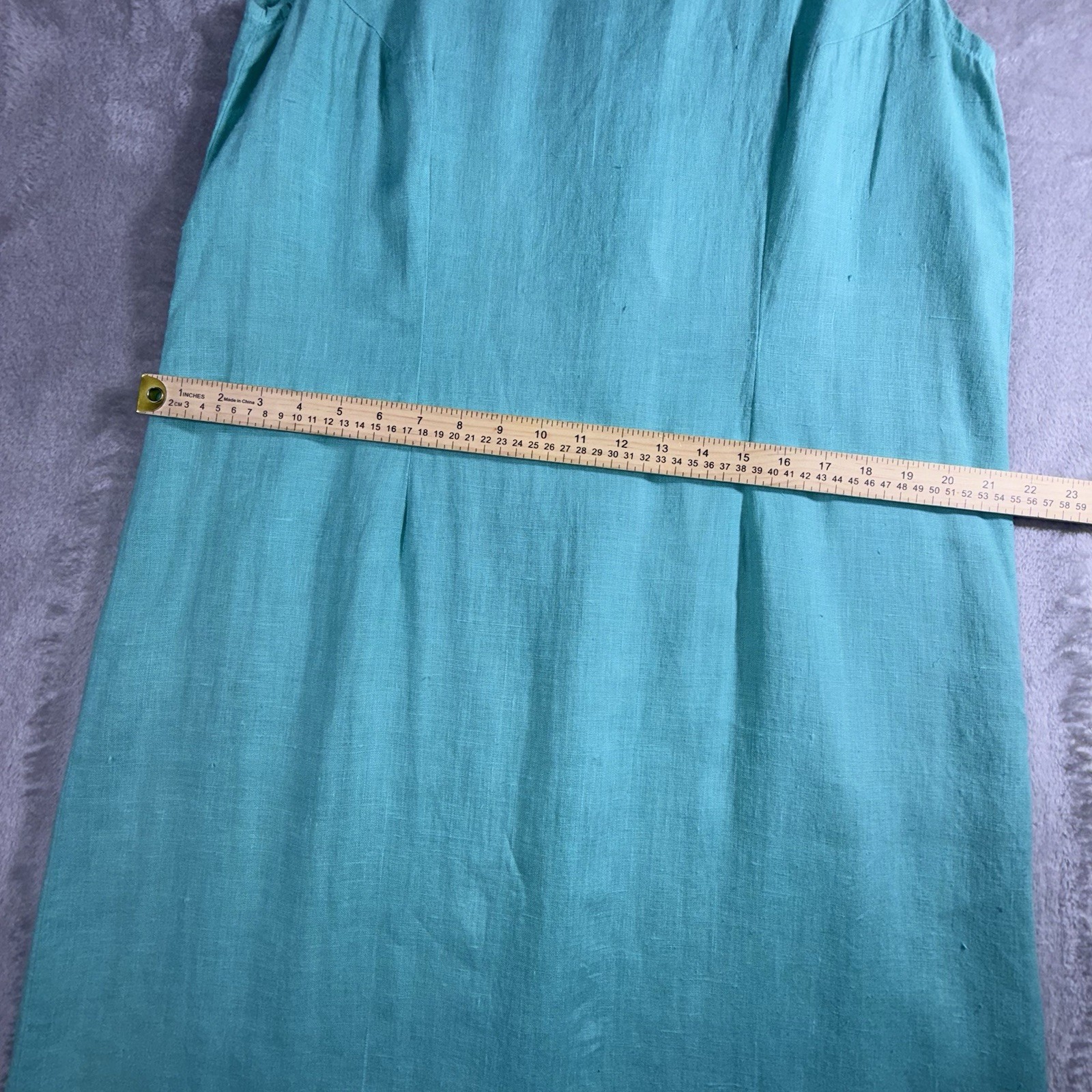 Tom Tom Maxi Dress Womens Large Aqua Linen Made In USA Vintage Boho Classic Chic