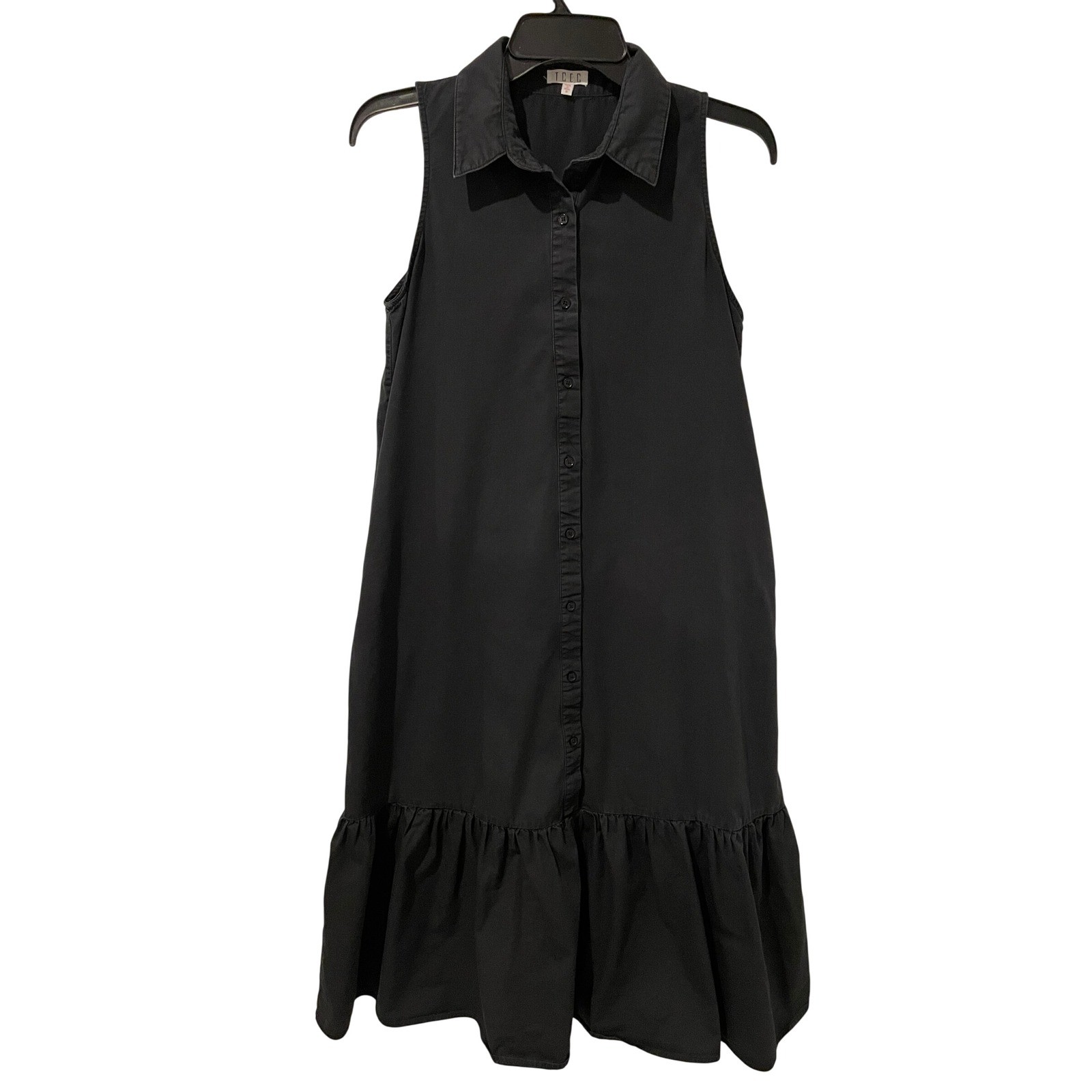 TCEC Black Sleeveless Drop Waist Flounce Midi Shirt Dress Preppy Minimalist S
