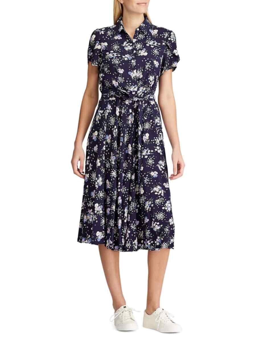 NEW CHAPS BLUE FLORAL FIT FLARE MIDI BELTED DRESS SIZE PXL PETITE XLARGE $90