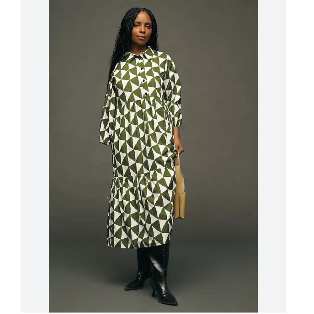 The Bettina Tiered Shirt Dress by Maeve Color: Green & White Triangles