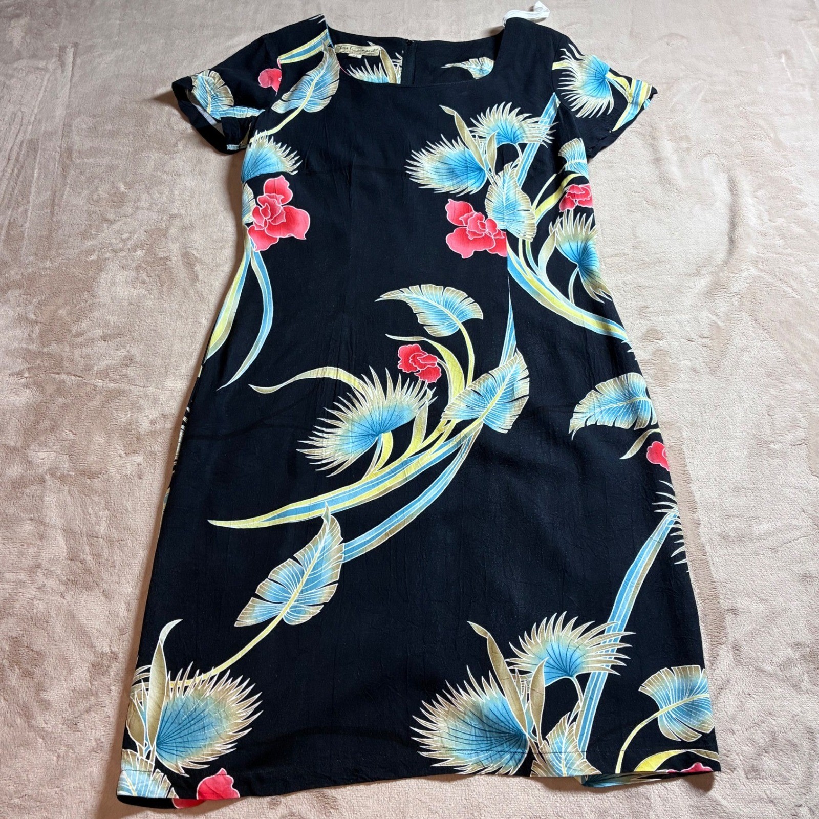 Tori Richard Honolulu Women Black Tropical Floral Print Shift Dress Medium