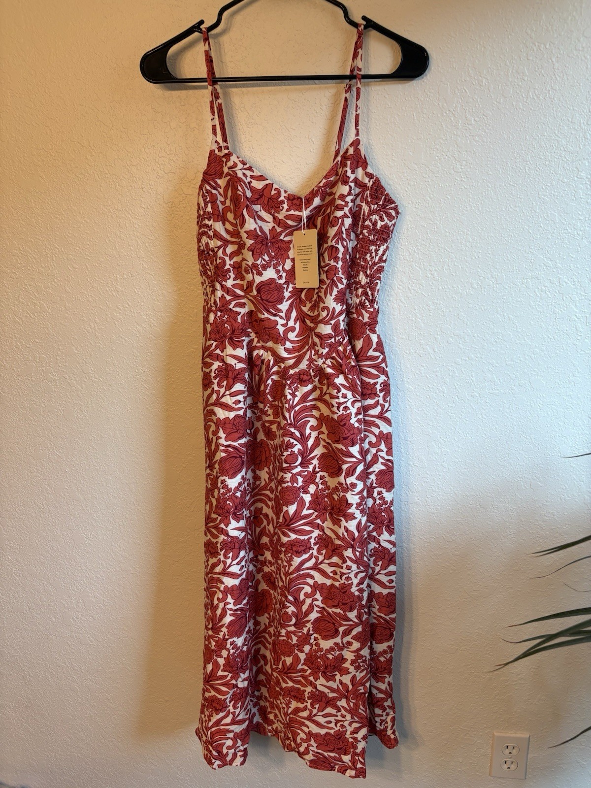 CUPSHE Red/White Floral Midi Sundress L Square Neck Lined Smocked Back Zip