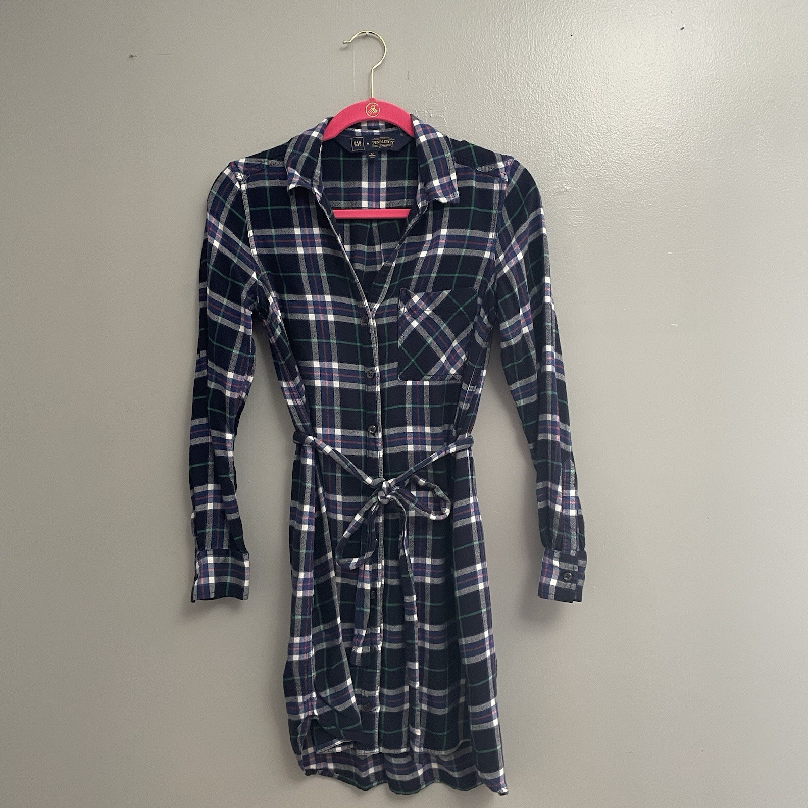Gap + Pendleton Navy Green Plaid Flannel Shirt Dress Belted Pocket M Petite