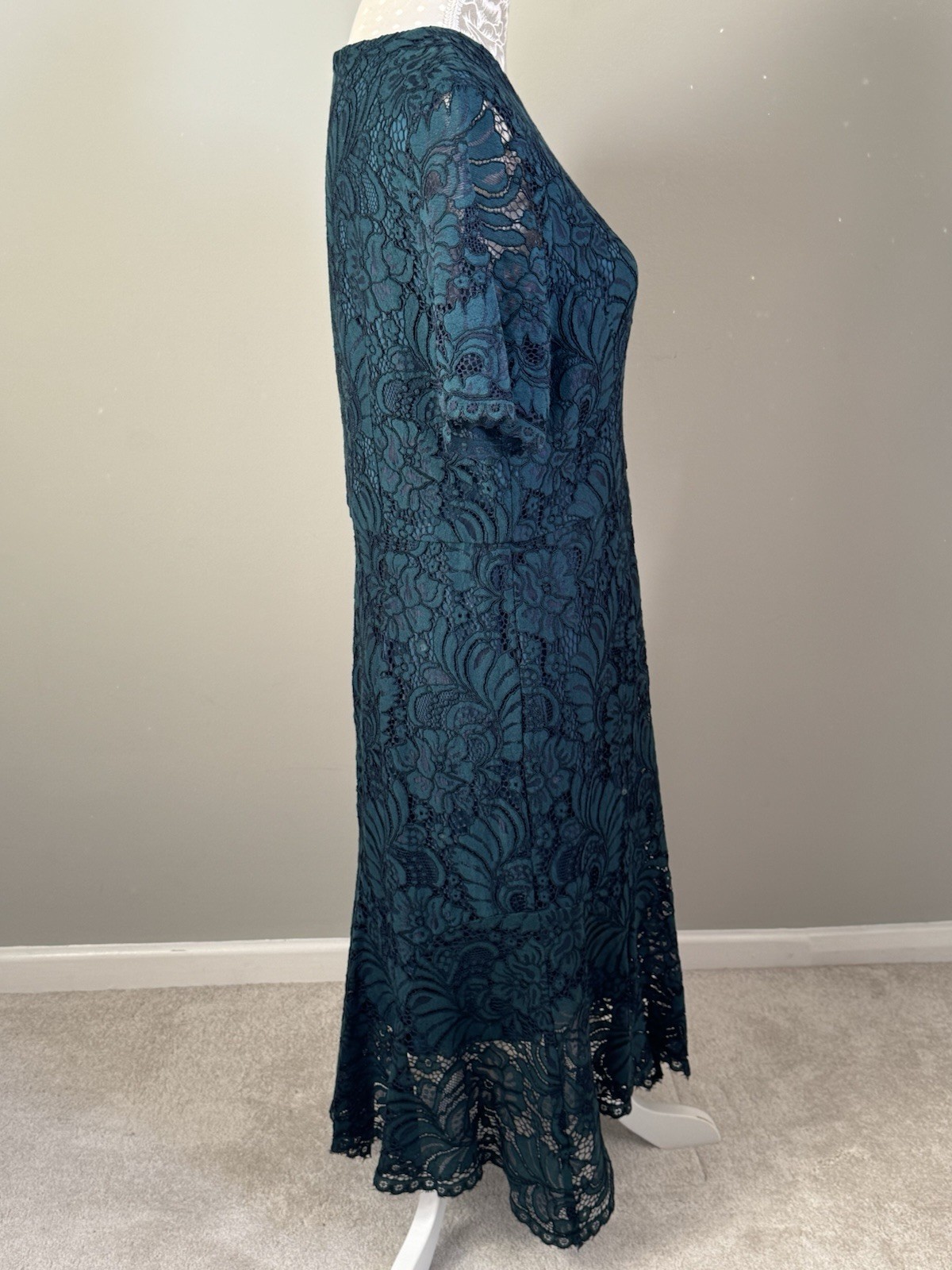 COAST FOREST GREEN LACE SHORT SLEEVE OCCASION DRESS SIZE 16, LINED, WEDDING VGC