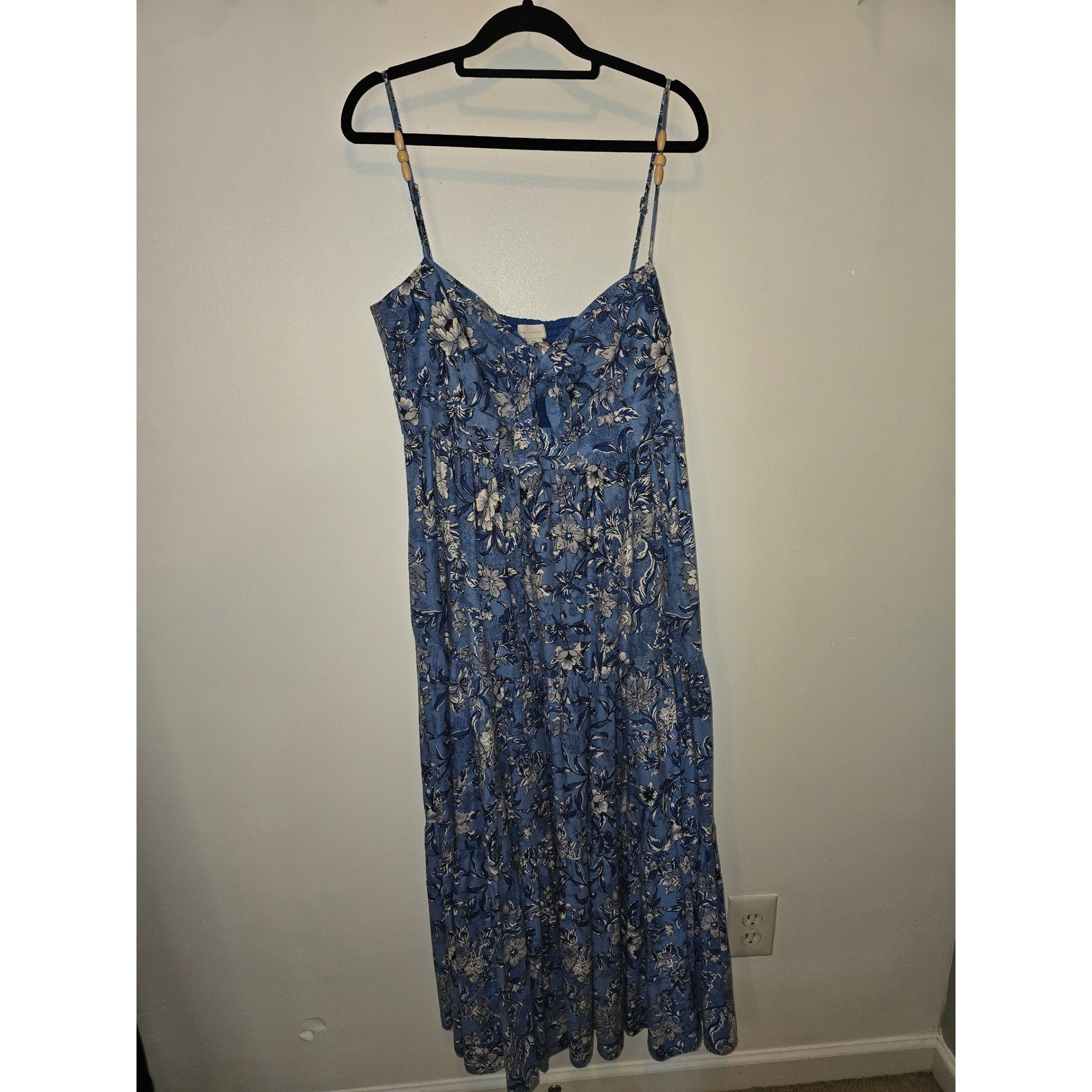 House of Harlow 1960 Blue Floral Linen Blend Tiered Maxi Dress Tie Front size L