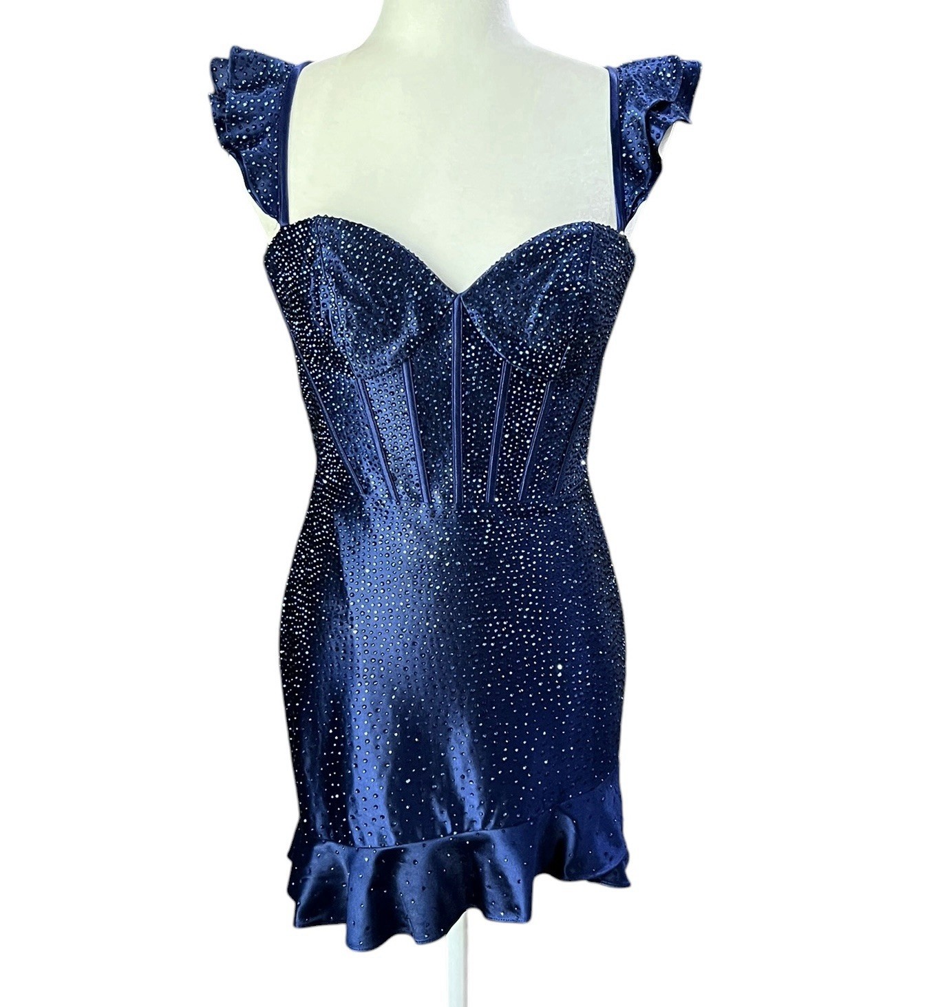 Nouri Formal Dress Small Navy Blue Rhinestone Corset Bodycon Mini Lace-Up Back