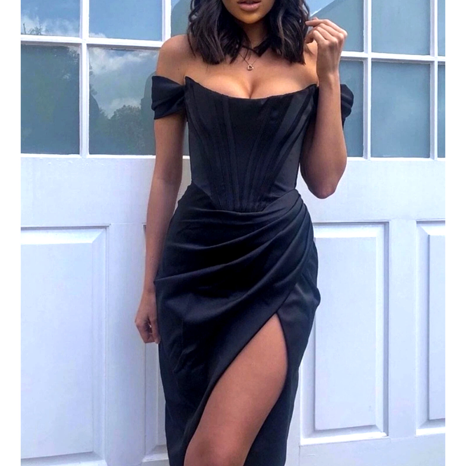 House of CB Dress Corset Loretta Midi Black Large AU 12 US 8 Off Shoulder Satin