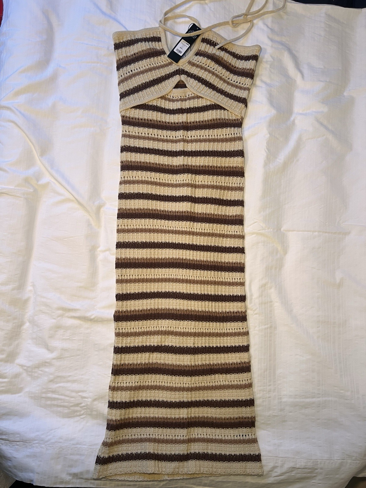 Fashion Nova Striped Knit Halter Cut-Out Bodycon Midi Dress Beige/Brown L