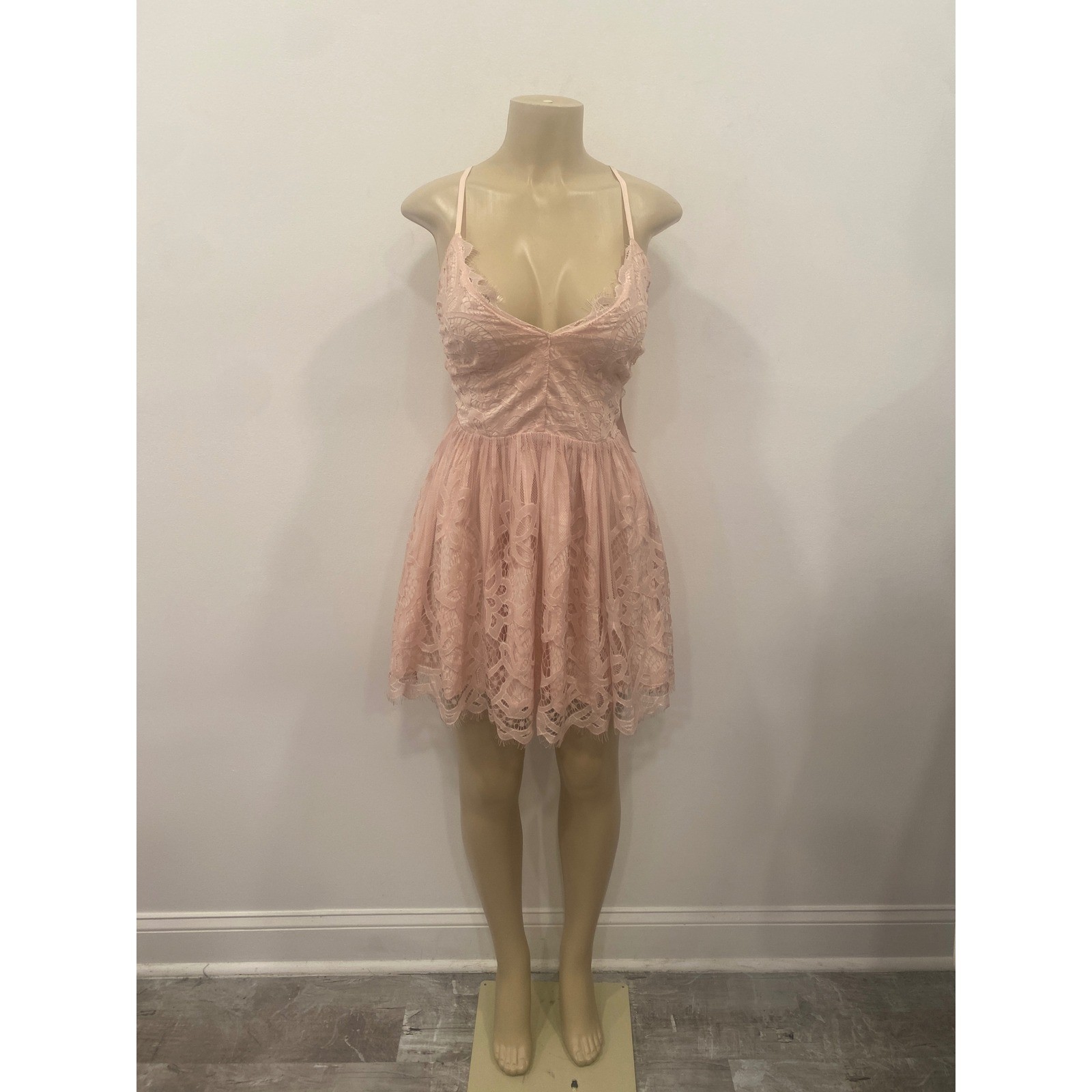 Tobi Lace Fit & Flare Mini Dress Women Medium Blush Pink Floral Plunge V Neck