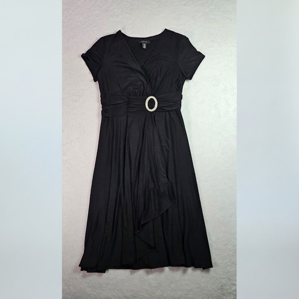 R&M Richards Womens Black Faux Wrap Rhinestone Buckle Cocktail Dress Size 14