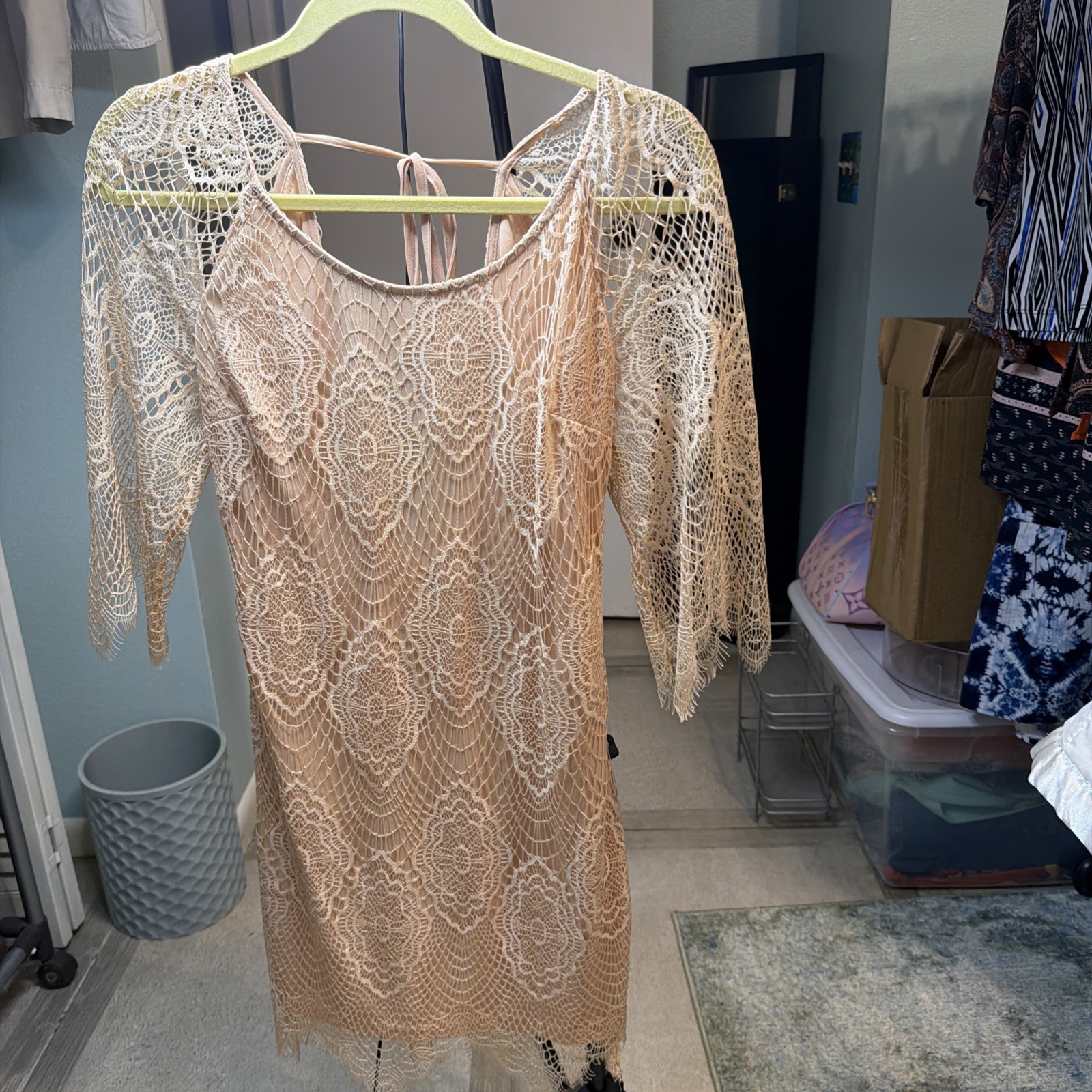 Soieblu Lace Overlay Lined Medium Romantic Boho Dress Beige Nude