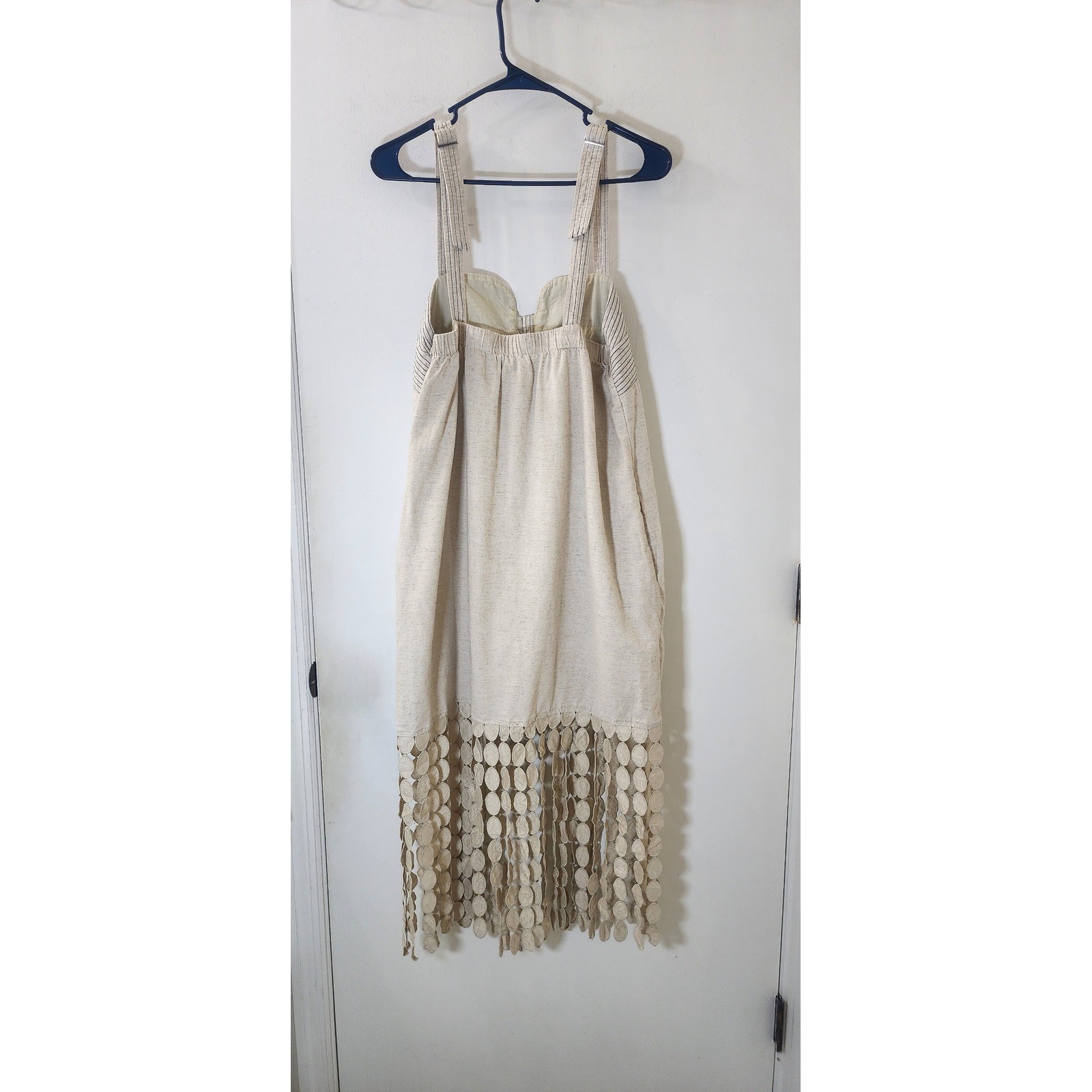 Strut & Bolt Beige Circle Fringe Hem Midi Dress Striped Straps Pockets Size M