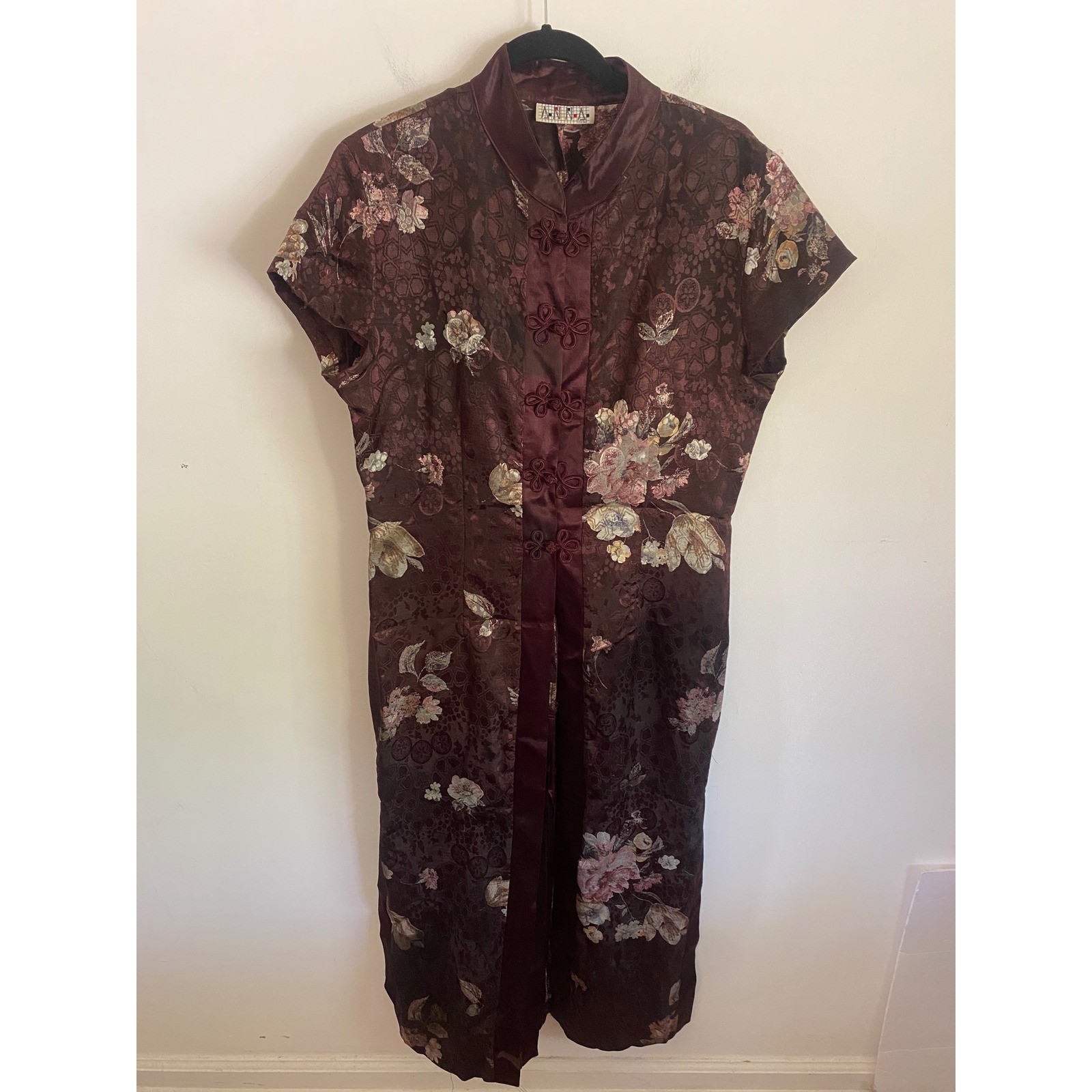 Anna USA Burgundy Floral Satin Jacquard Cheongsam Maxi Dress Mandarin Collar