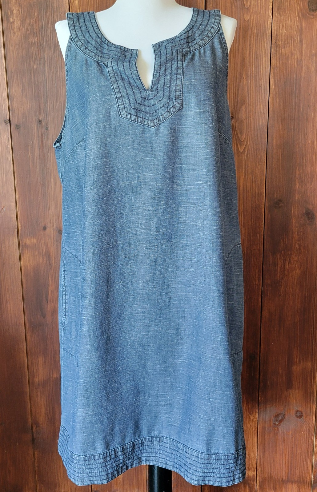 J Jill Petite L Chambray Linen Blend Sleeveless Shift Dress Blue Pocket Side Zip