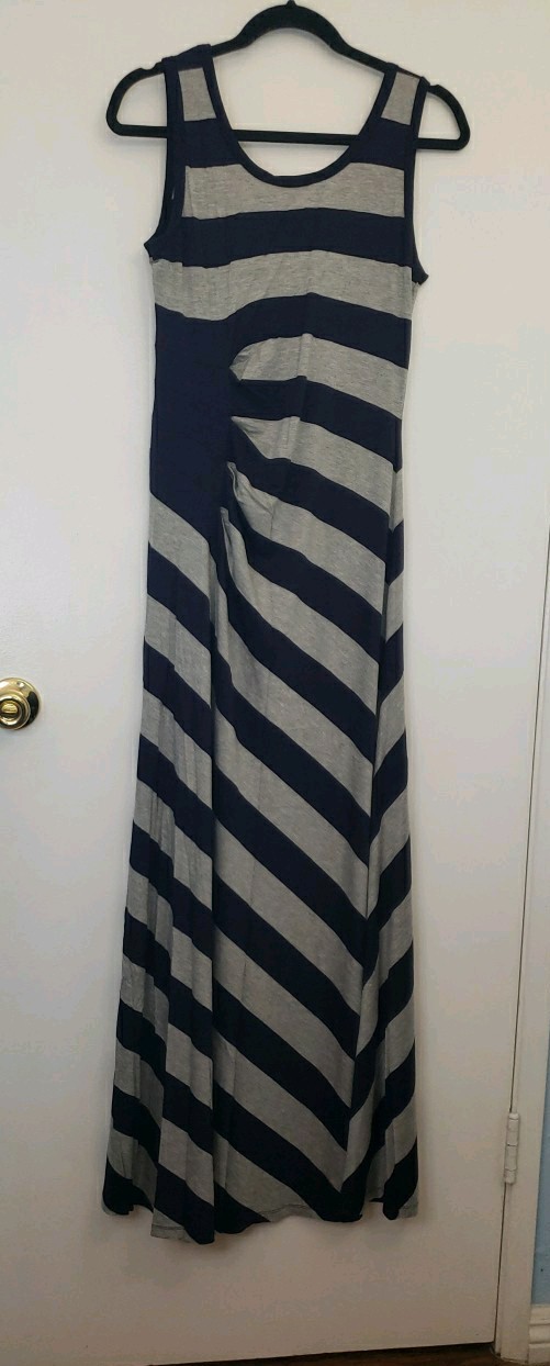Calvin klein Ruched Asymmetrical Striped Maxi Tank Dress, Size 10, Gray Blue