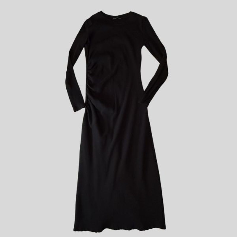 Zara Black Ribbed Midi Dress – Side Ruched Bodycon – Size M