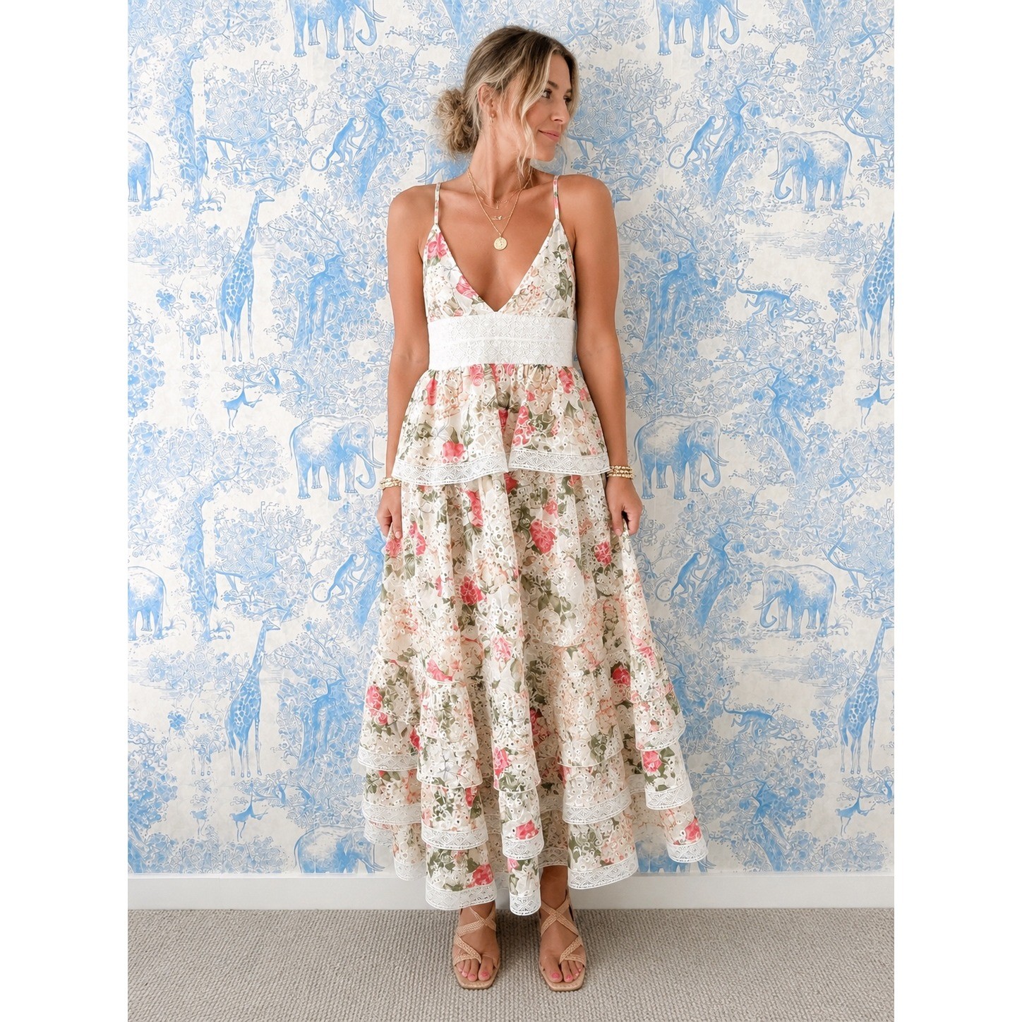 Gianni Bini Floral Eyelet Lace Tiered Maxi Dress Pink Green Cream Size 2