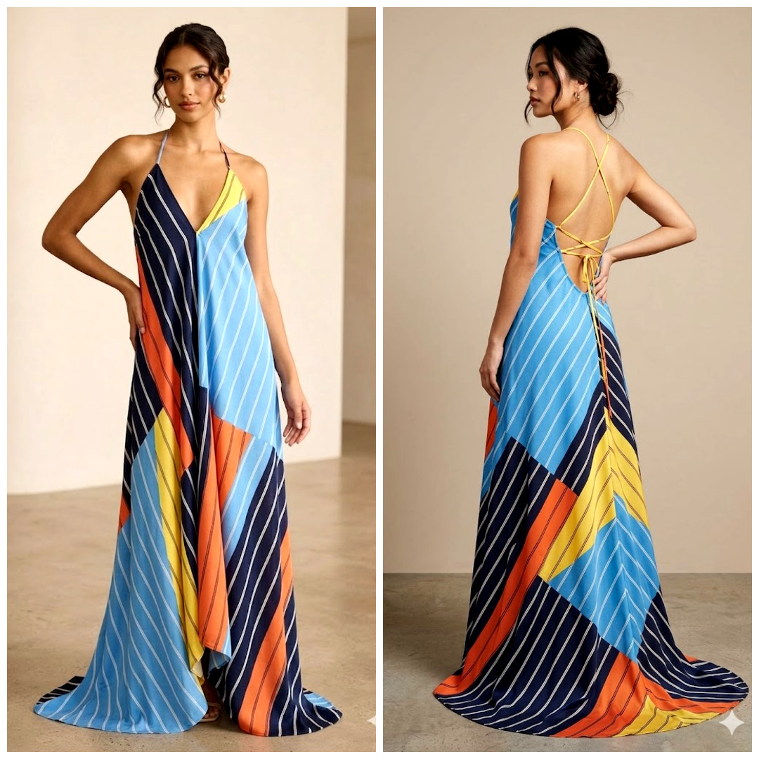 WORTH New York Hallia Silk Striped Lace Up Back Asymmetric Hem Maxi Dress S New