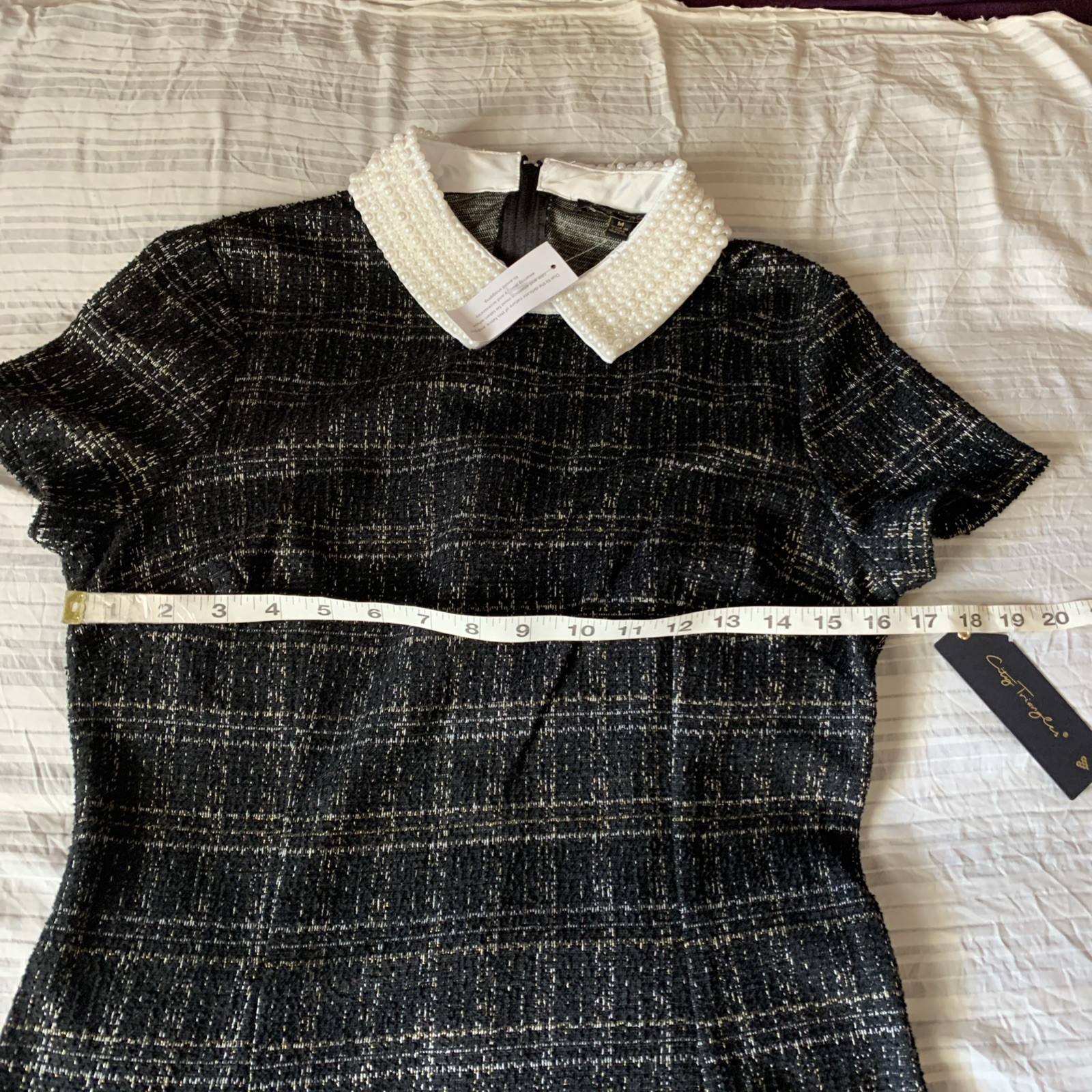 New CITY TRIANGLES Medium Plaid Black Tweed Short Dress Tinsel Pearl Collar CUTE