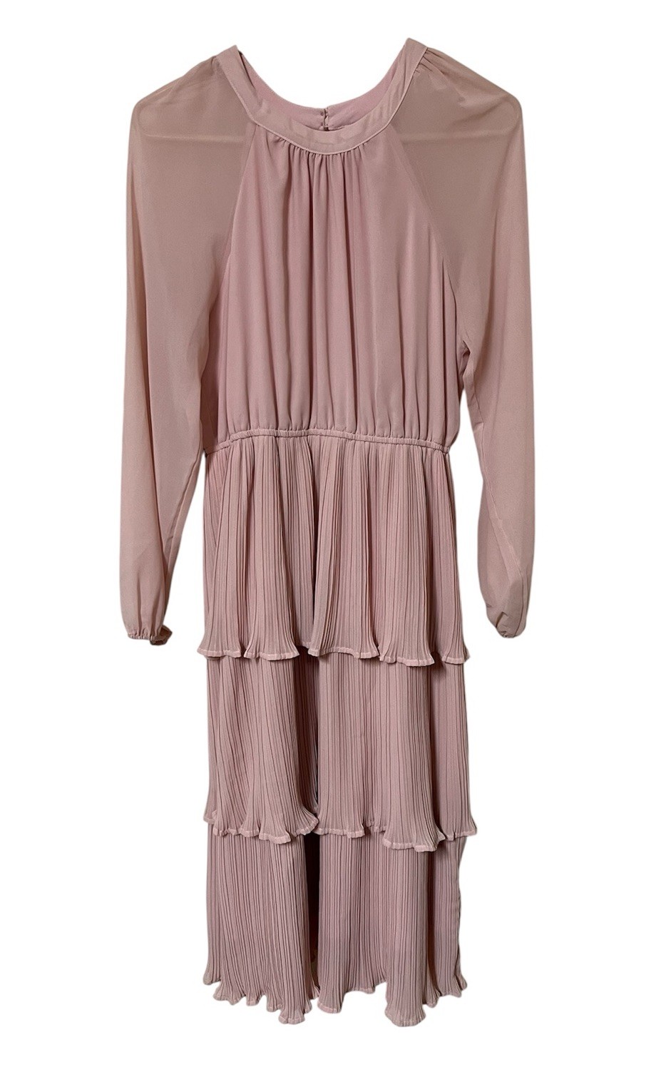 ZESICA Long Sleeve Maxi Dress Size L Pink Sheer Layered Lined Pleated Wedding