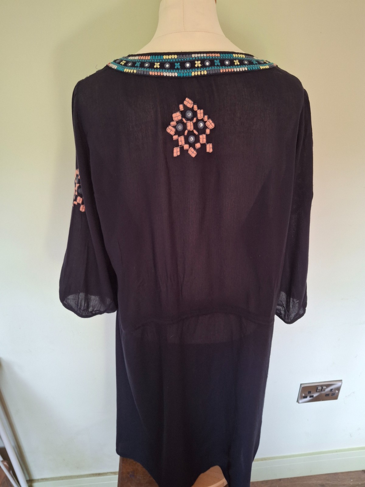 Monsoon Navy Embroidered Summer Dress UK 16 Sequin Detail Boho Tunic Beach Holid
