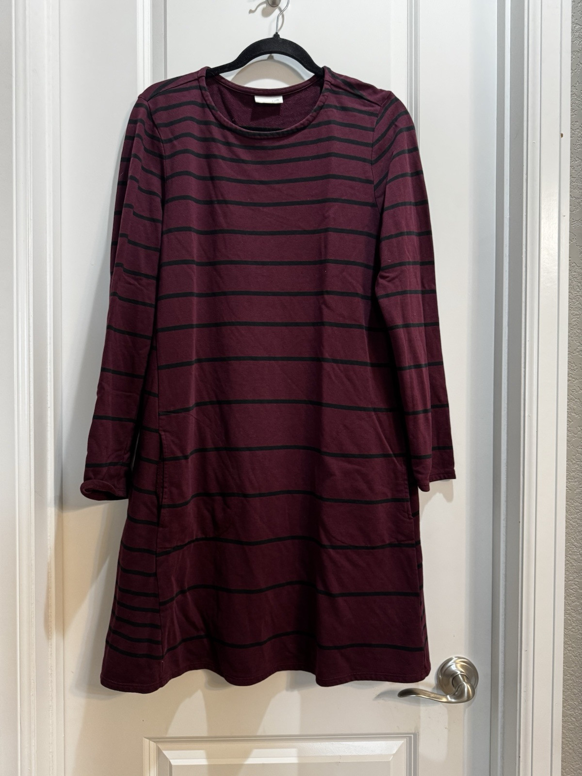 J Jill Burgundy/Black Stripes Dress Med Long Sleeves Round Neck Slide Pockets