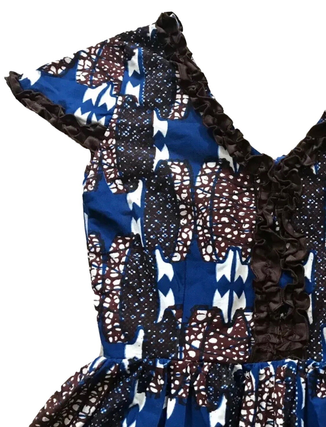 Handmade Dutch Wax Print Short Sleeve Dress Fit and Flare Small S XS Blue Brown