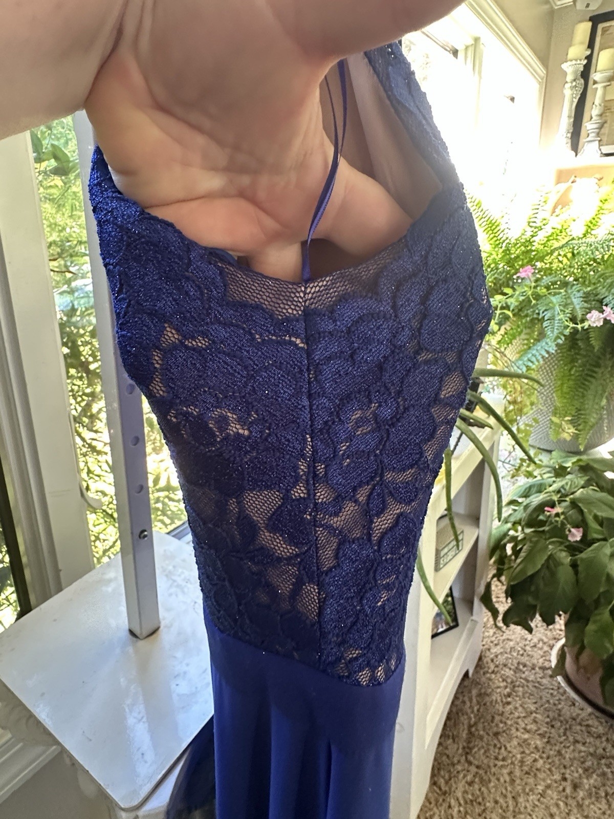 Morgan & Co. Blue Floral Lace Halter Sleeveless Long Gown Zip Sheer S/6