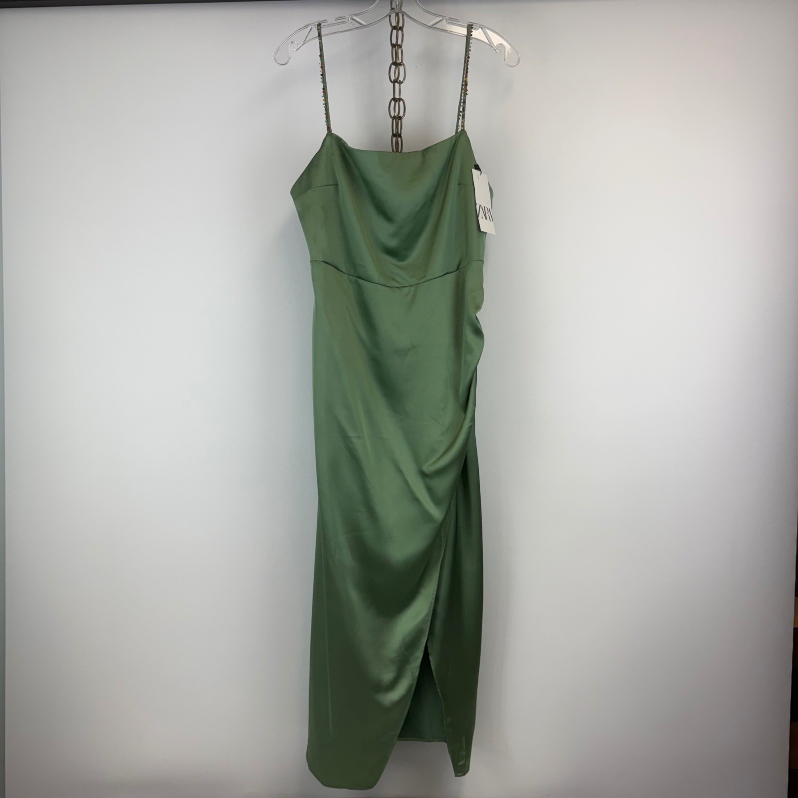 Zara Dress Women XL Sage Green Satin Cowl Neck Midi Slip Beaded Strap NWT