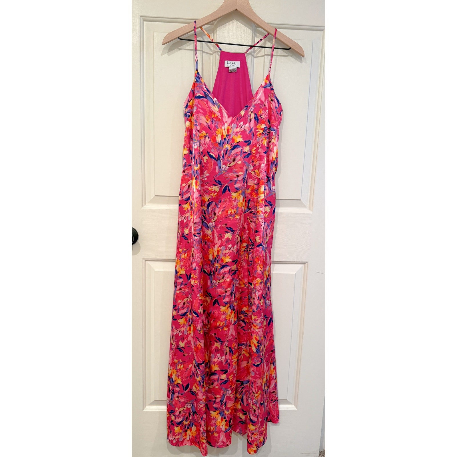 Nicole Miller NY S Pink Floral Colorful Satin Maxi Slip Dress Long Silky Bold