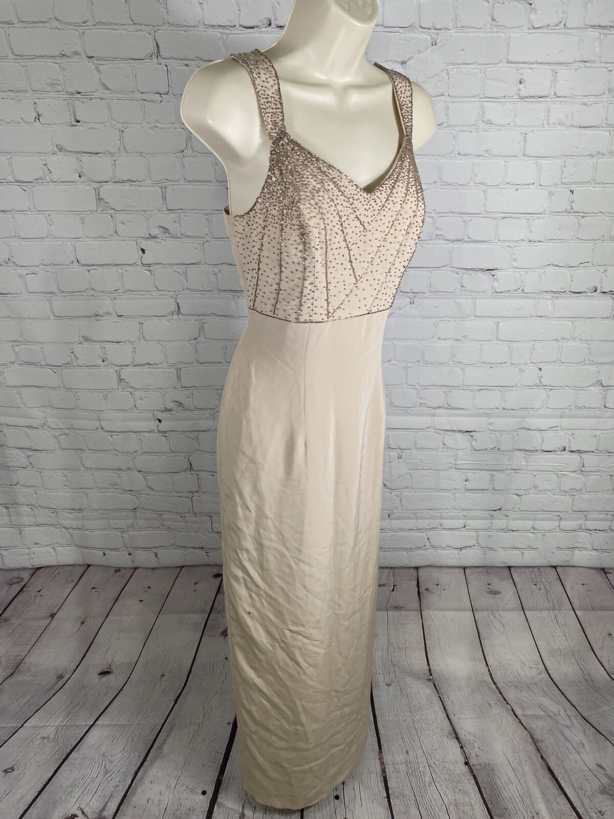 VTG Montage By Mon Cheri Champagne Beaded Long Sleeveless Sheath Dress 4