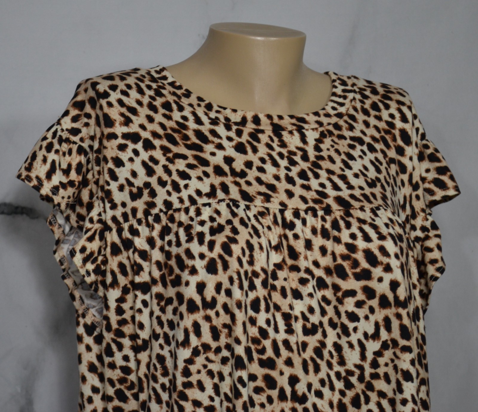 ENTRO Tan Brown Black Leopard Print Mock Neck Ruffle Sleeve Tiered Dress Large