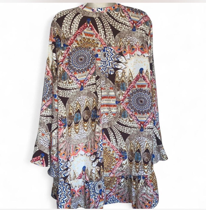 Umgee Bohemian Multicolor Printed Bell Sleeve Ruffle Hem Mini Dress Size M