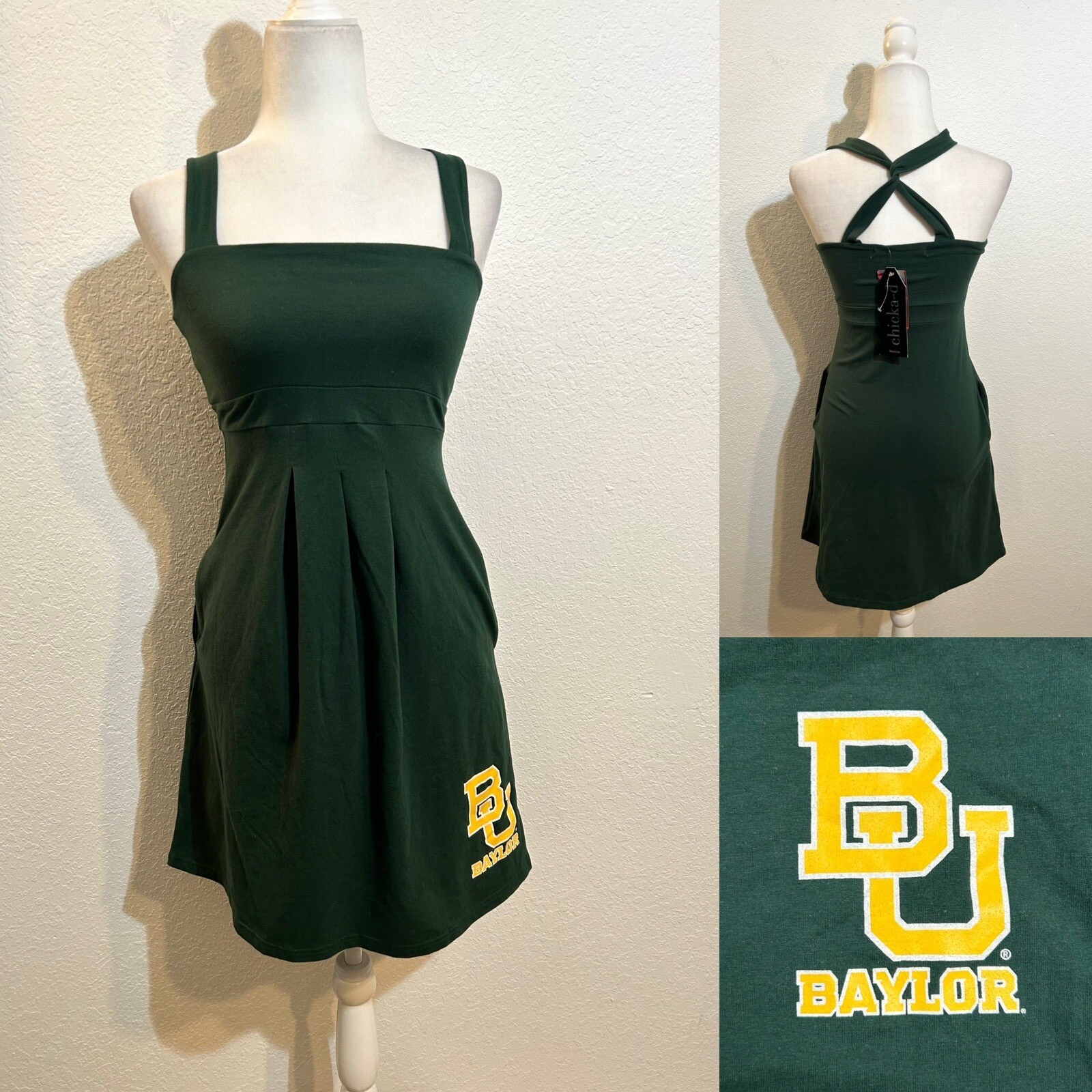 NWT Chicka-D Baylor University Green Twist Strap Halter Dress Wm MD Pockets