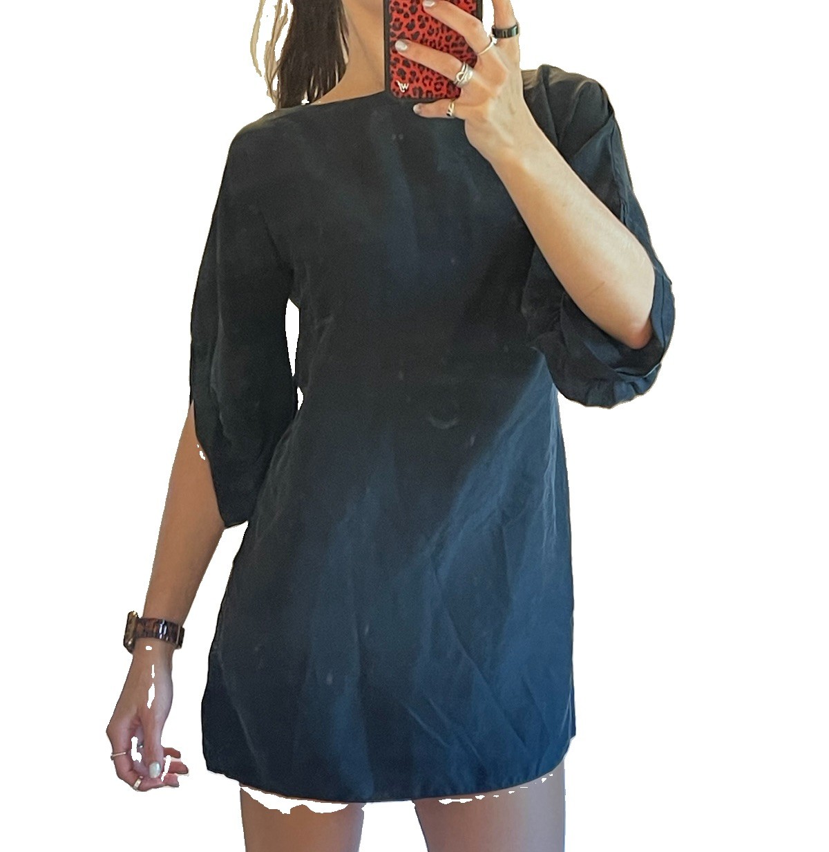 100% SILK GUESS by Marciano S Black Shift Dress Boat Neck 3/4 Sleeve Back Zip