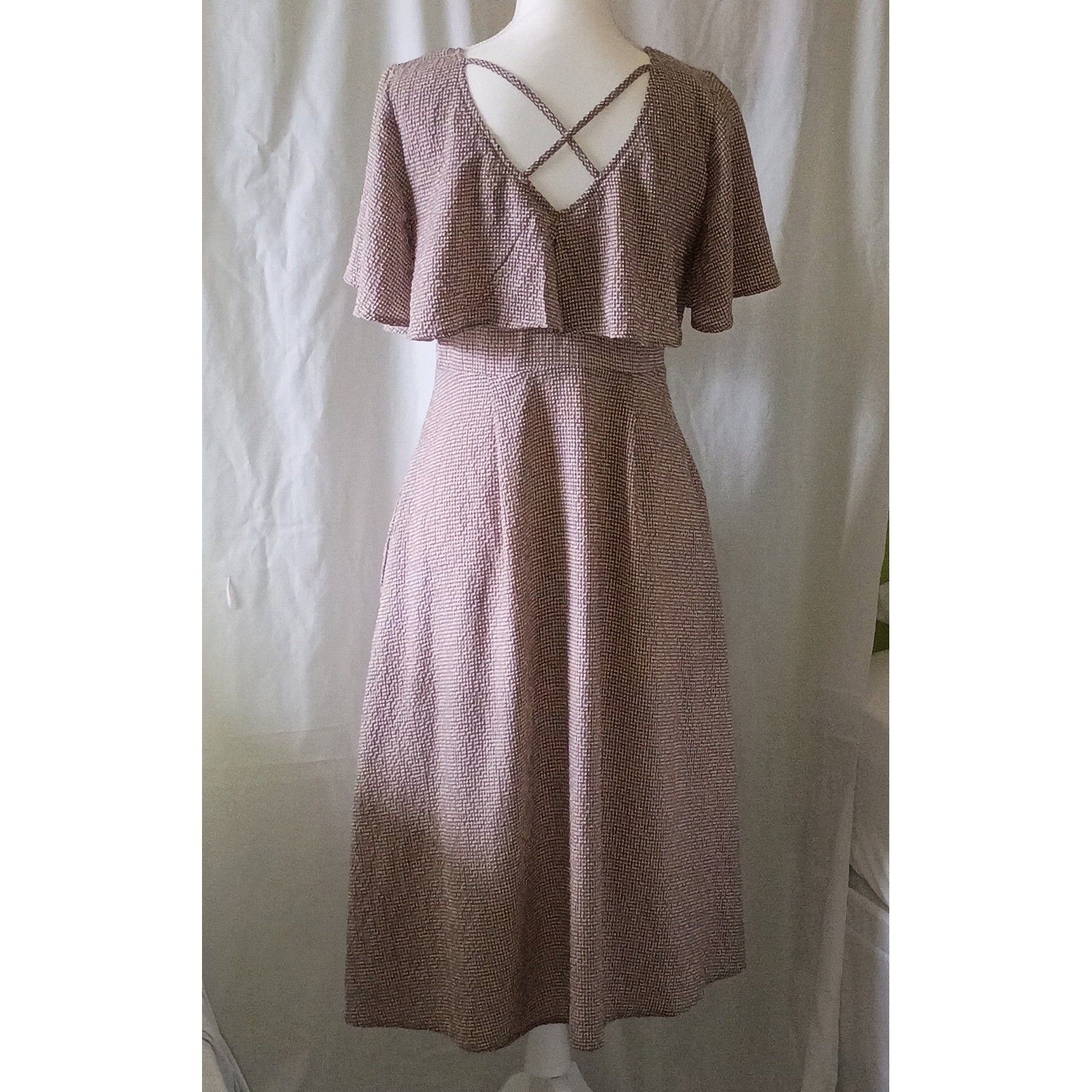 ODDY Beige Prairie Gingham Button Front Capelet Midi Dress Crisscross Back Small