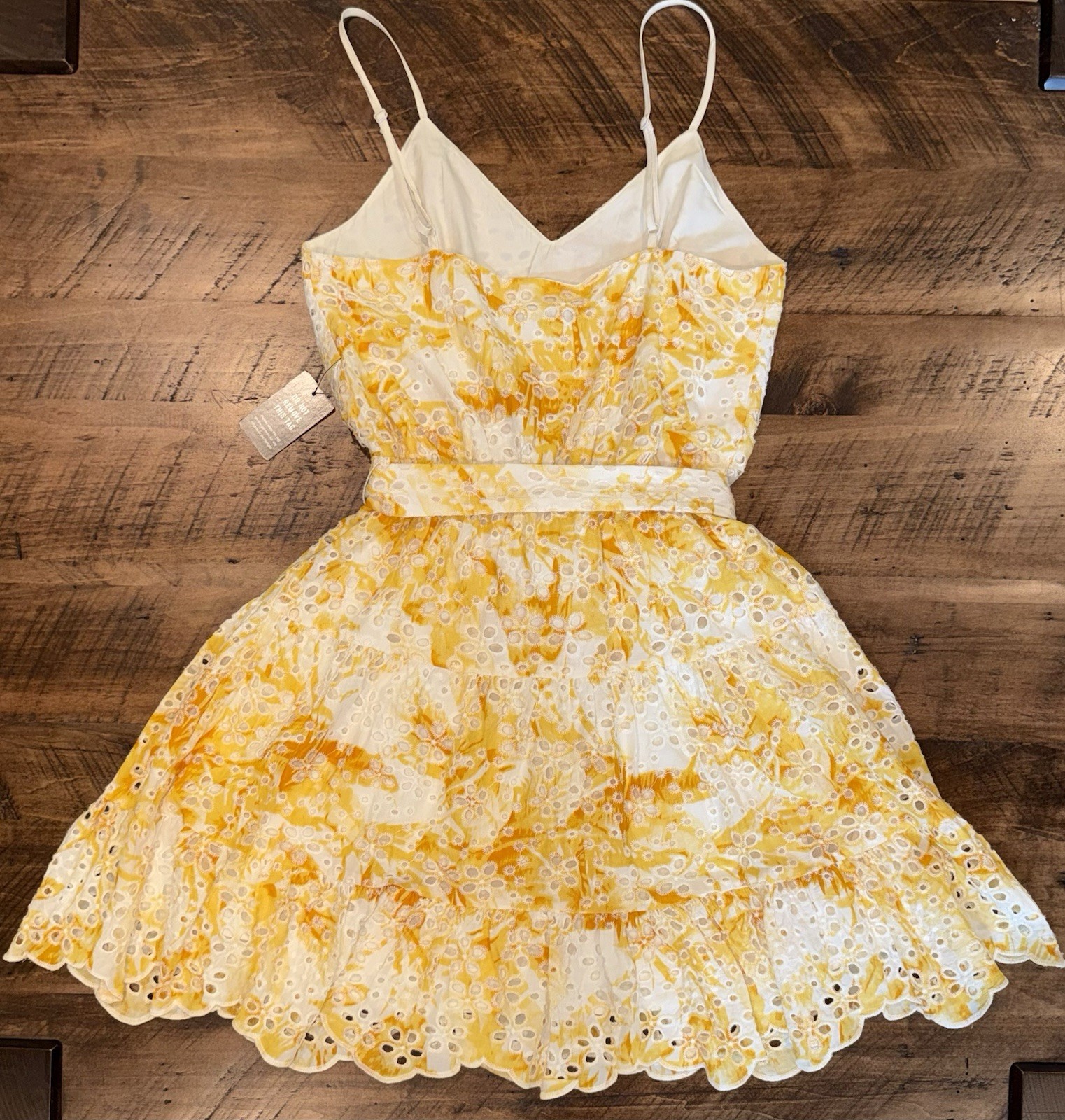 Express Eyelet Mini Dress Small NWT Yellow White Floral Tie Waist Sundress