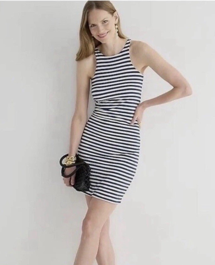 J Crew FormKnit High-Neck Cutaway Dress, Sail Med Navy Stripe – M – orig $98