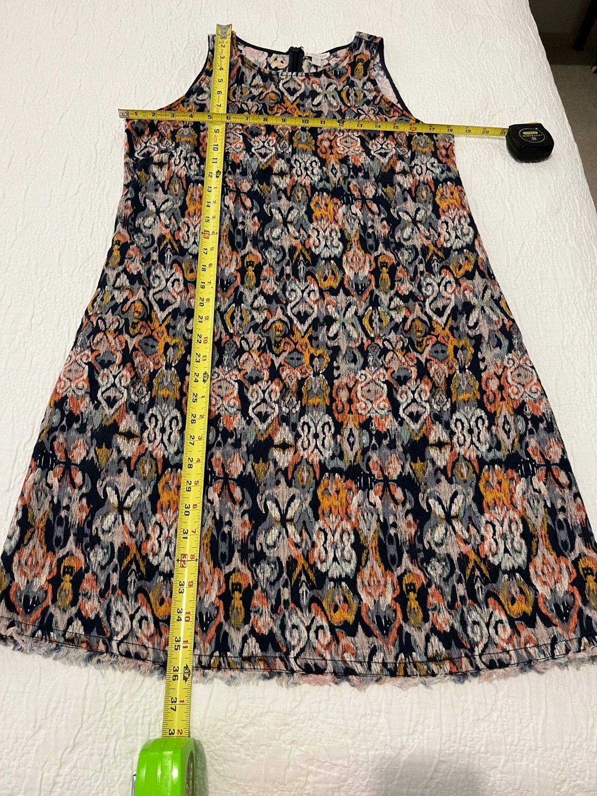 Garnet Hill 100% Linen Ikat Shift Dress Pockets Frayed Hem Sz 4 Blue Orange