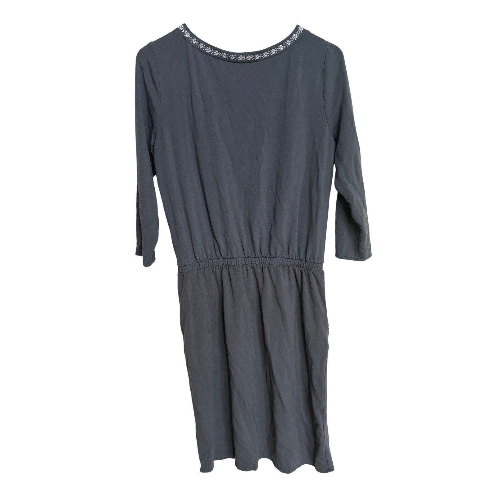 Garnet Hill Embroidered Tencel Lyocell Knit Dress Dark Gray Medium 3/4 Sleeve