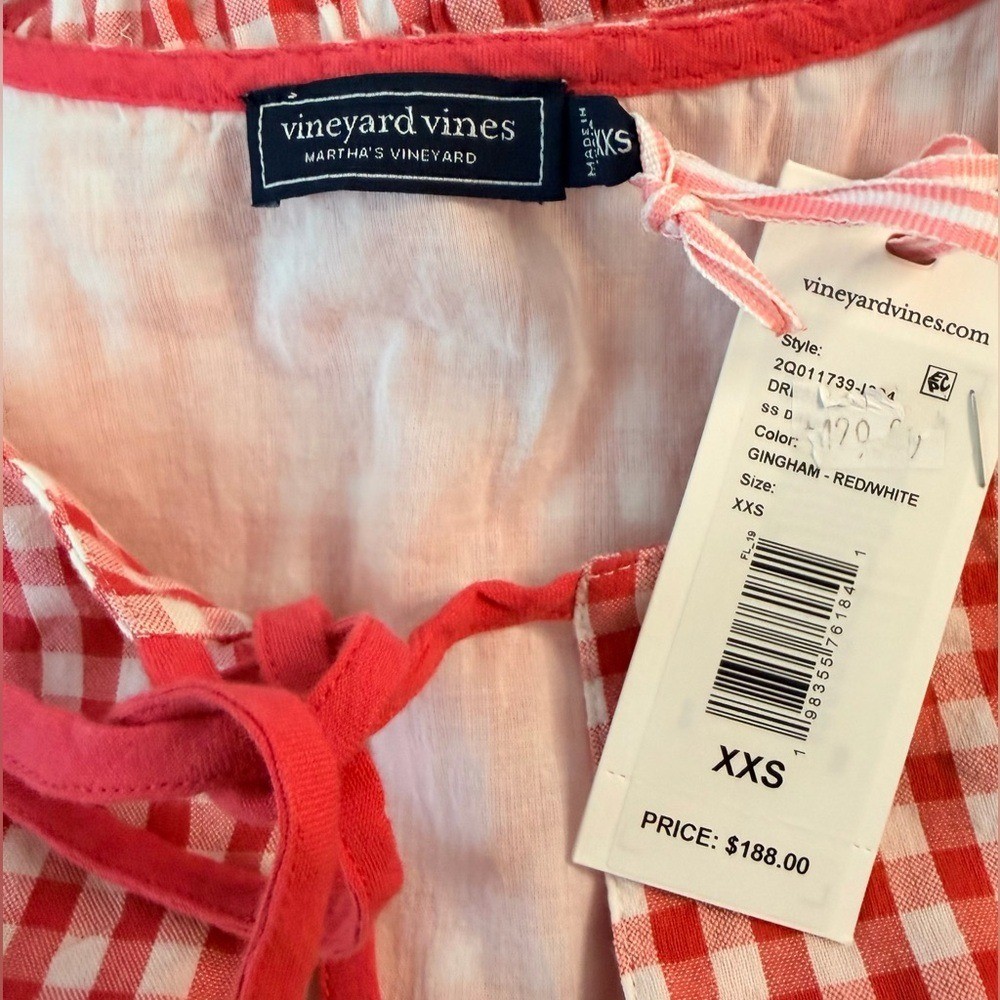 NWT Vineyard Vines Lobster Gingham Ruffle Dress XXS Red Cape Cod Coastal