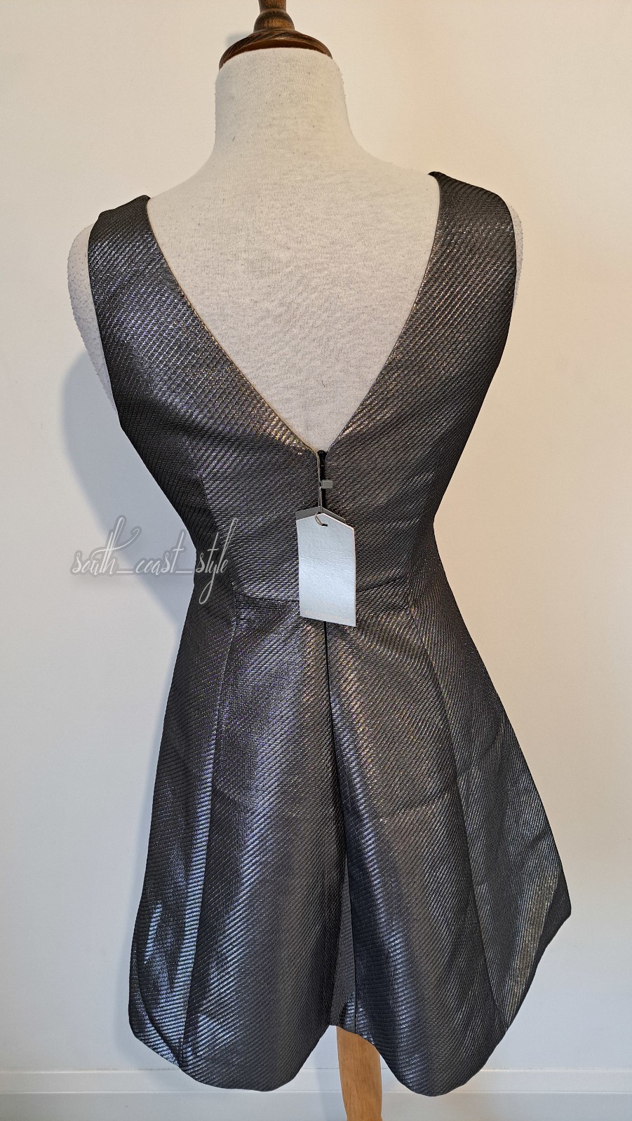 OASIS – Silver Metallic Striped Structured Fit & Flare Dress – Size 12 BNWT