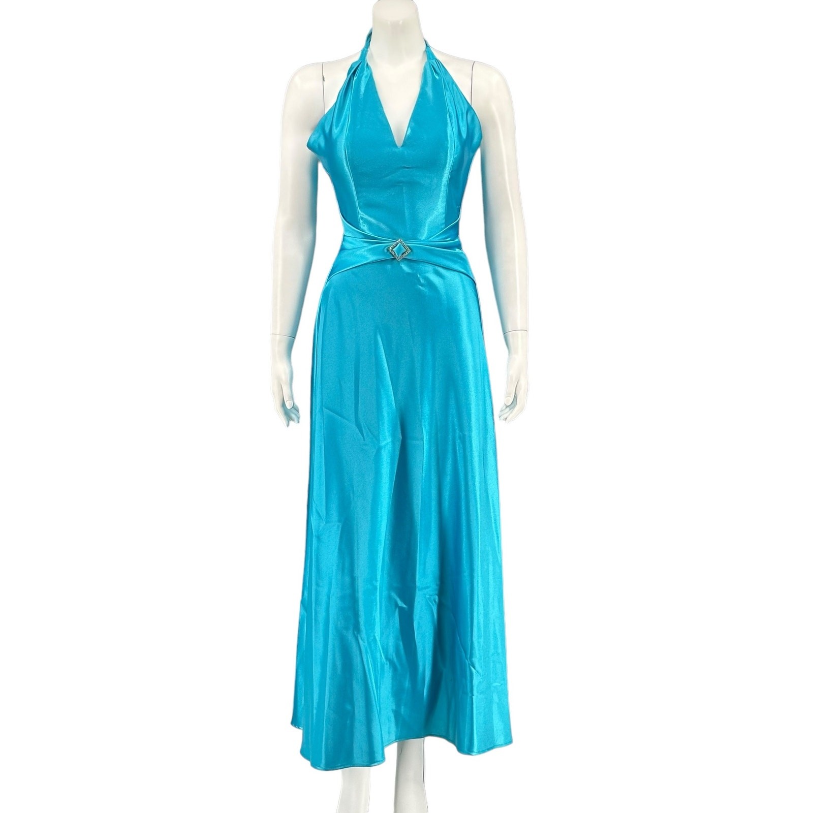 Vintage Jessica McClintock Gunne Sax Dress 5 6 Blue Halter Satin Maxi Y2K Formal