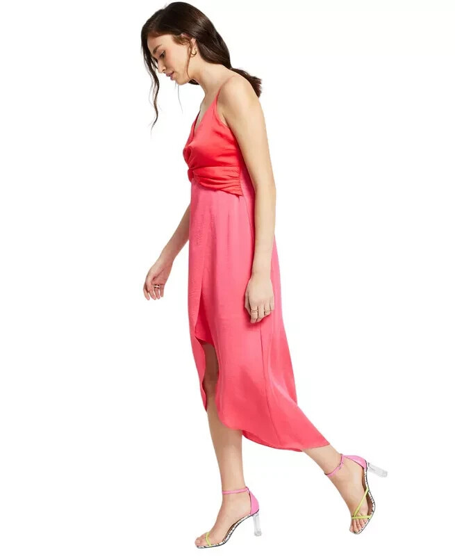 Bar III Women’s Twist-Front Two-Tone Midi Dress Pink Lemonade Combo Size Large