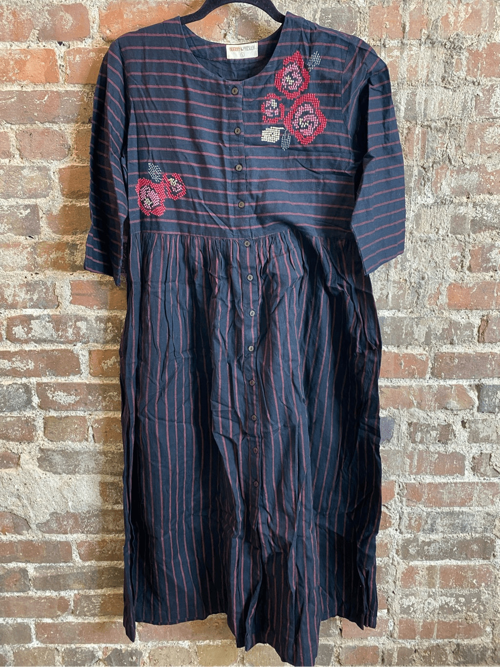 Bombay Paisley Dark Blue Red Stripe Floral Embroidered Button Down 3/4 Sleeve Mi