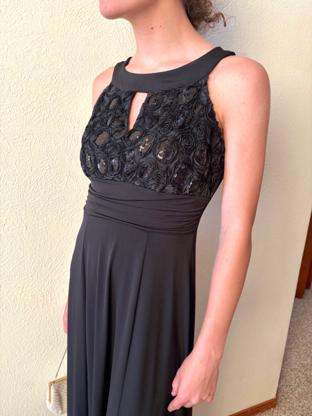 En Focus Studio empire waist sequin black formal evening dress, size 6